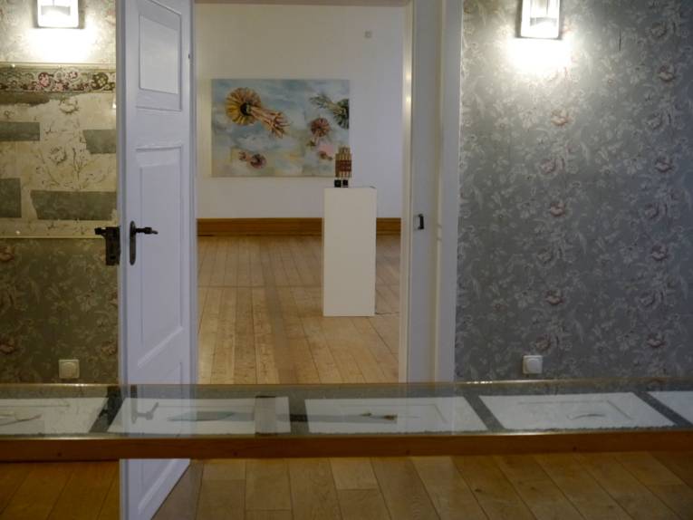 Ein Ausstellungstisch mit Glasplatte, unter welcher Kunstwerke zu sehen sind. Weitere Bilder hängen an den Wänden.